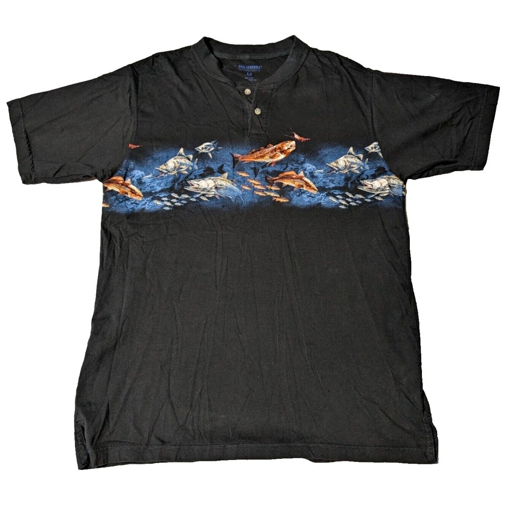 REEL LEGENDS Chest Wrap FISH PRINT Men Medium Black Cotton‎ Henley T-Shirt